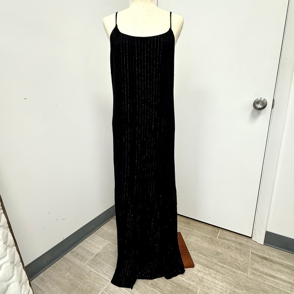 Womens Maxi Dress Large Black Spaghetti Straps Lined Gold Stripe Boho Whimsigoth